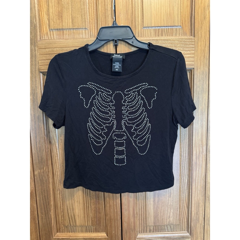 Social‎ Collusion Skeleton Rhinestone Crop Top Medium Black Goth Grunge Y2K